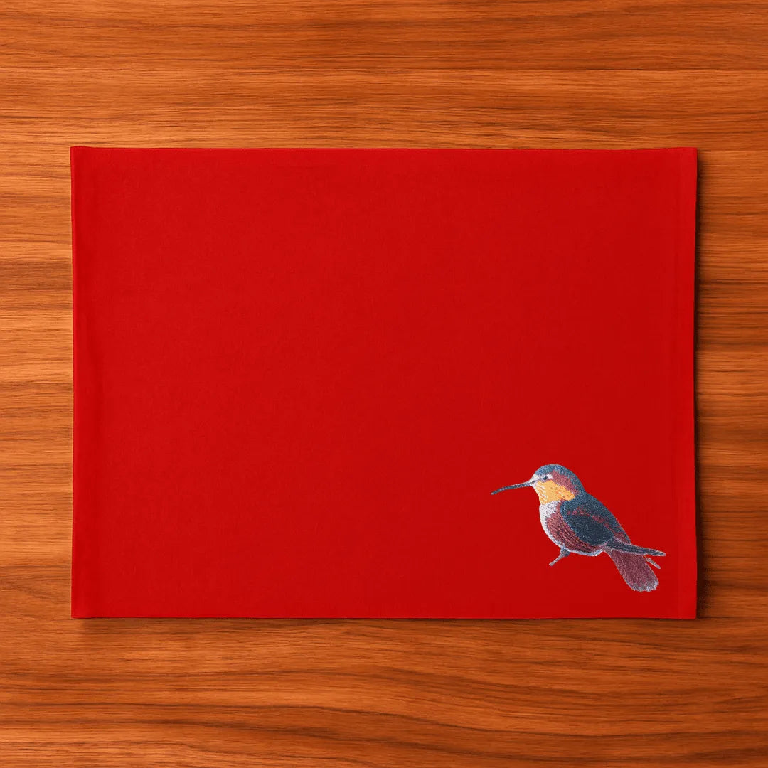 Handmade rectangular table mats with Humming Bird embroidery by Ilisah, available in mustard, burnt orange, and beige whit...