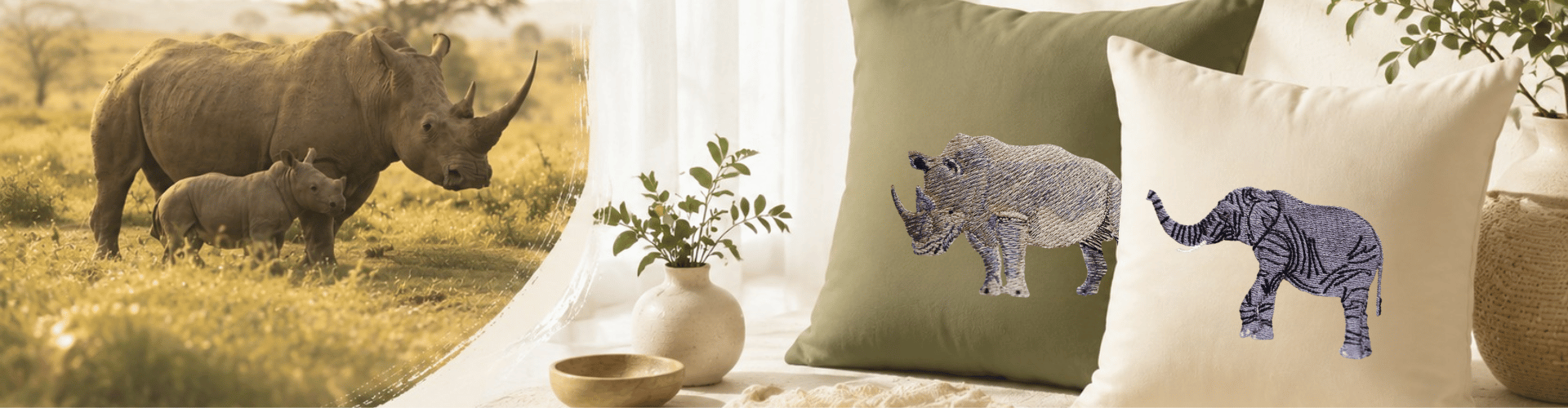 Embroidered wildlife cushion covers in a safari-inspired home