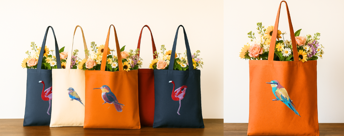 Set of colorful tote bags with embroidery bird designs 