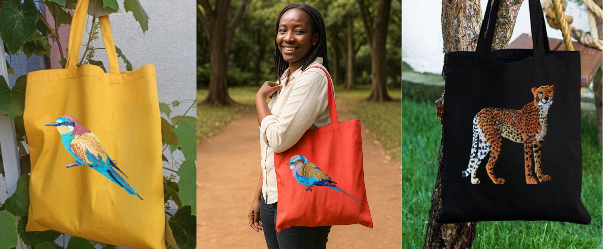 Three tote bags with animal designs: a yellow one, a red one, and a black one with a leopard design. A person is holding the red bag.