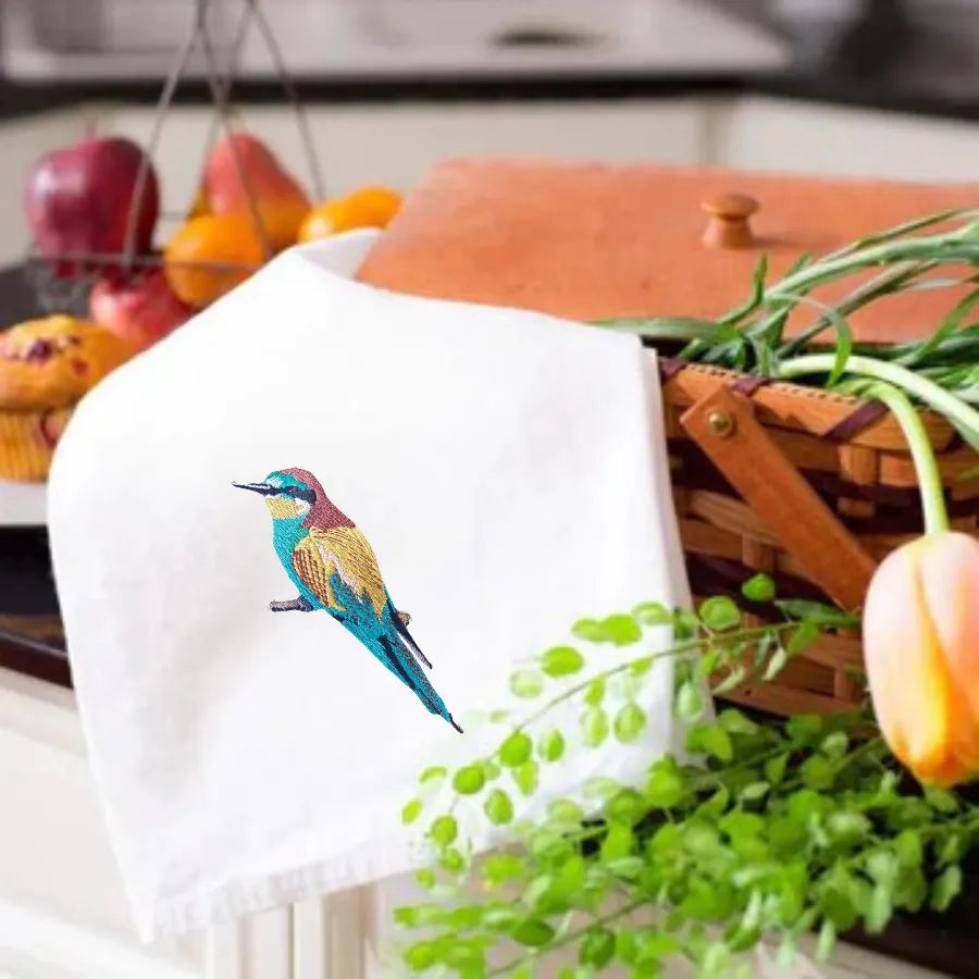 Embroidered Kitchen Towels with Bee Eater design by Ilisah, 100% cotton, showcasing vibrant colors, perfect for kitchen de...