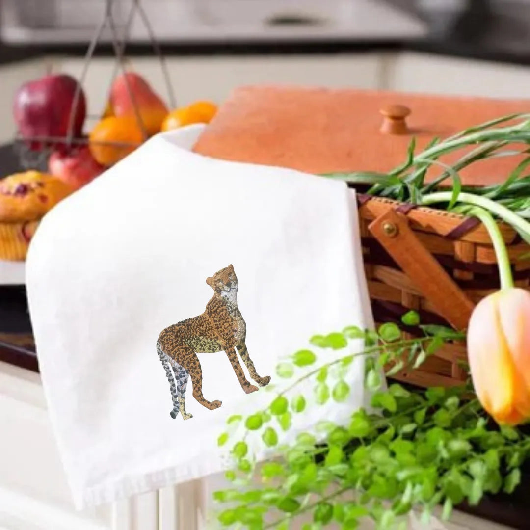 Ilisah kitchen towels with cheetah embroidery, 100% cotton, vibrant design, perfect for adding style to your kitchen decor.