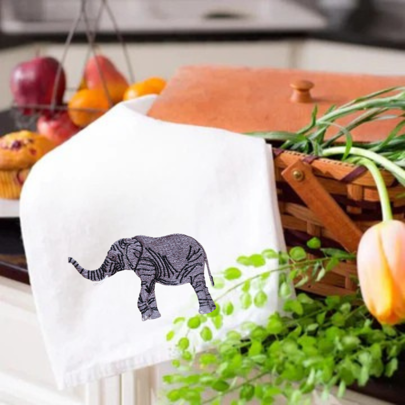 Elephant embroidered kitchen towels by Ilisah, crafted from 100% cotton, showcasing vibrant designs ideal for kitchen decor.