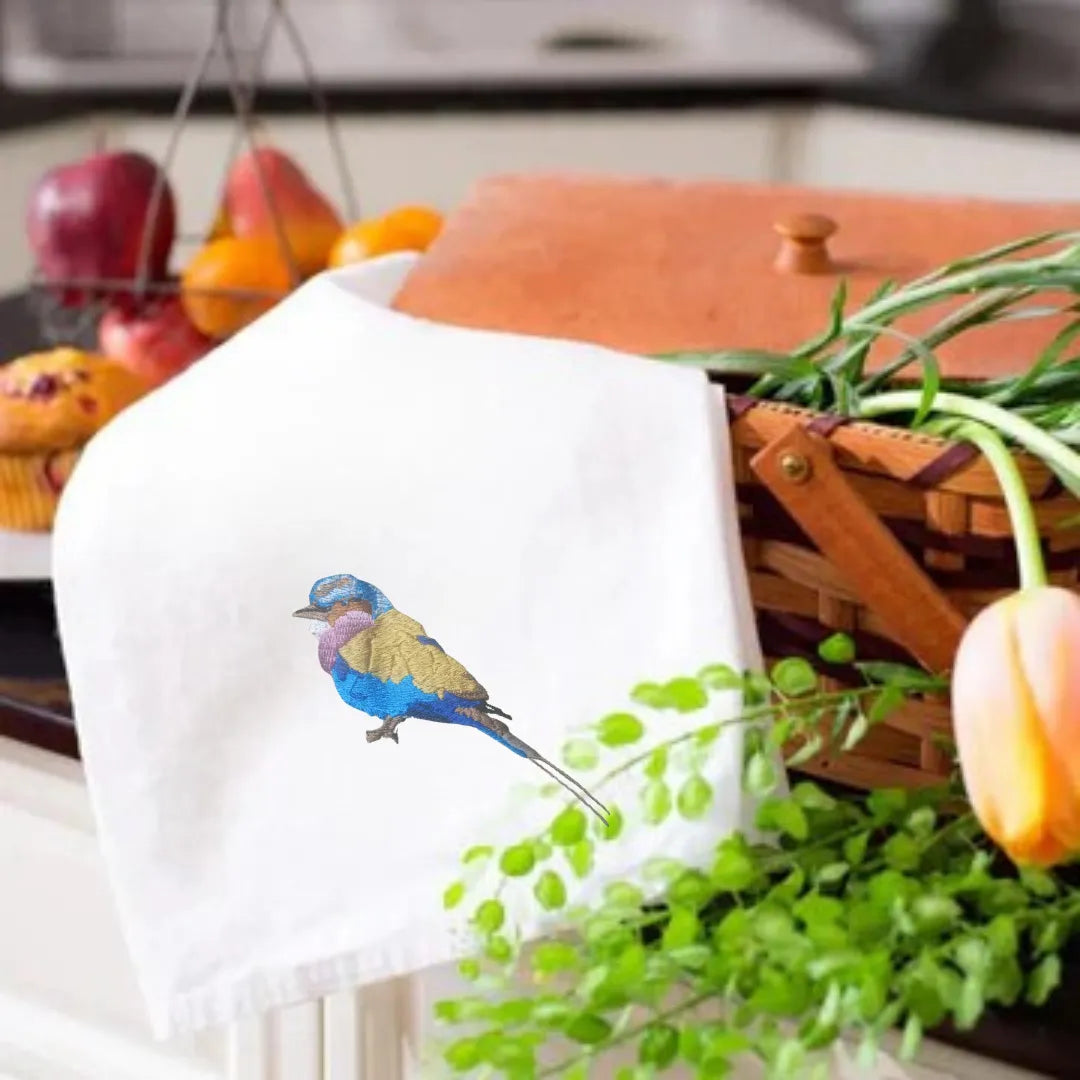 Lilac Breasted Roller embroidered kitchen towels by Ilisah, 100% cotton, showcasing vibrant bird designs, perfect for your...
