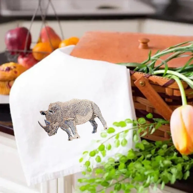 Embroidered kitchen towels featuring a rhino design by Ilisah, made from 100% cotton, perfect for adding charm to your kit...