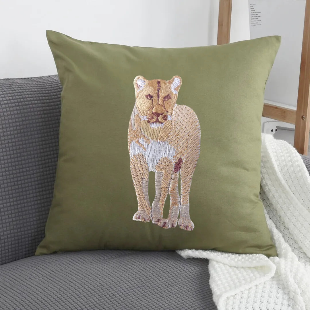 Handmade ILISAH Lion Embroidery cushion covers in beige and white, perfect for refreshing your chair or sofa.