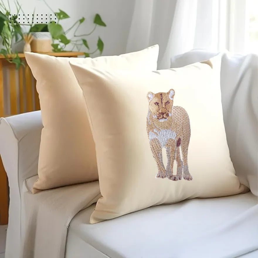 Handmade ILISAH Lion Embroidery cushion covers in beige and white, perfect for refreshing your chair or sofa.