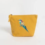 Handmade ILISAH Bee Eater canvas pouch in mustard, perfect for makeup, travel, or organizing essentials. Compact and stylish.