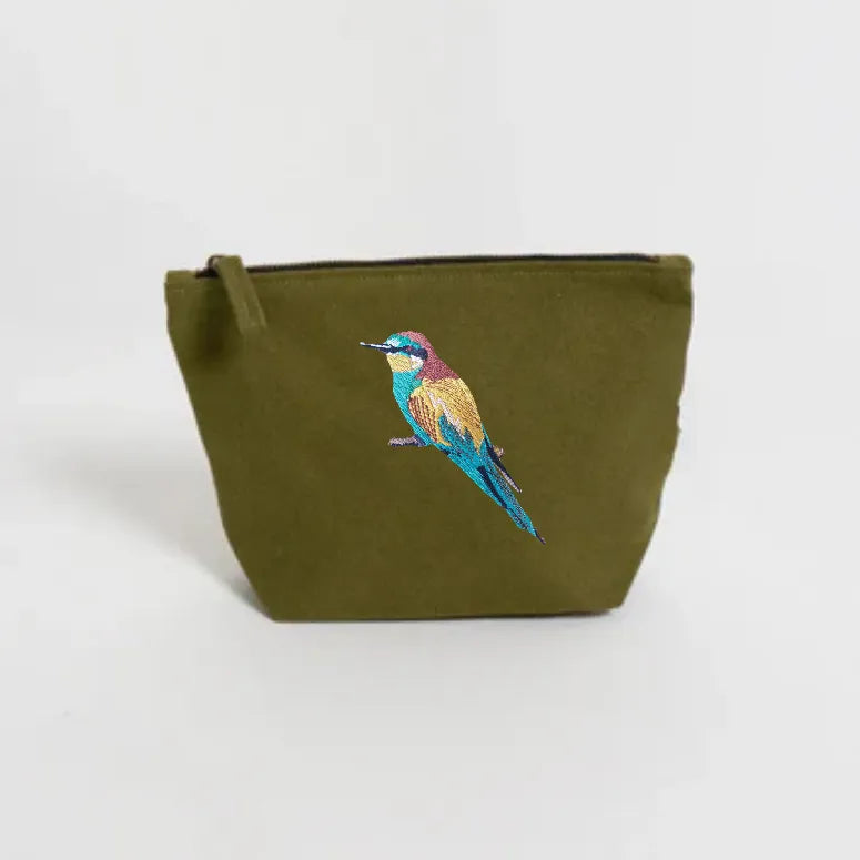 Handmade ILISAH Bee Eater canvas pouch in mustard, perfect for makeup, travel, or organizing essentials. Compact and stylish.
