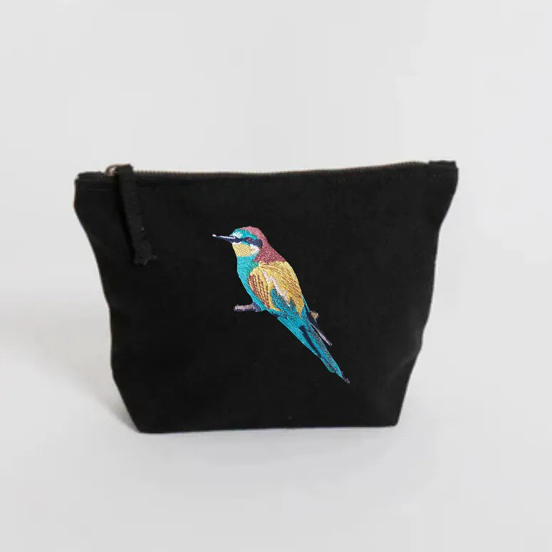 Handmade ILISAH Bee Eater canvas pouch in mustard, perfect for makeup, travel, or organizing essentials. Compact and stylish.