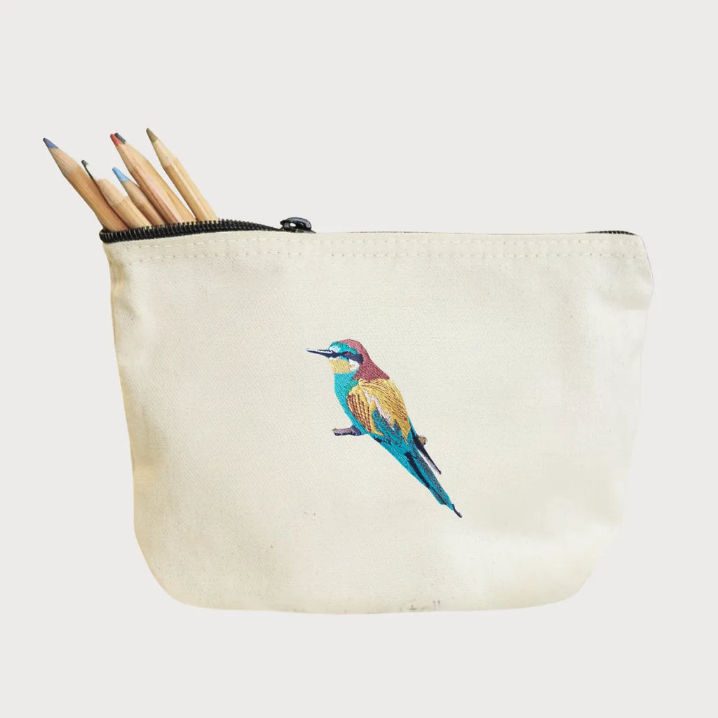 Handmade ILISAH Bee Eater canvas pouch in mustard, perfect for makeup, travel, or organizing essentials. Compact and stylish.