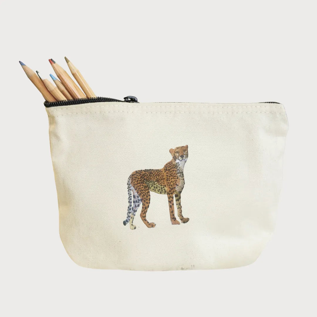 Handmade ILISAH Cheetah canvas make up pouch in black, perfect for organizing daily essentials or travel items.