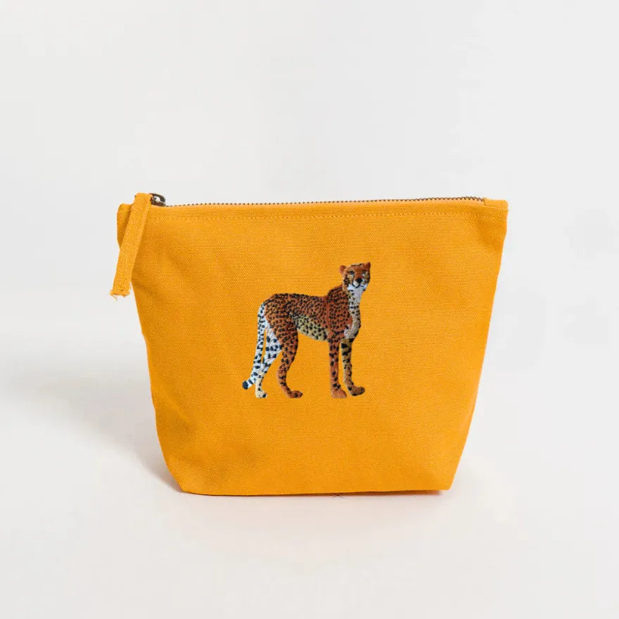 Handmade ILISAH Cheetah canvas make up pouch in black, perfect for organizing daily essentials or travel items.