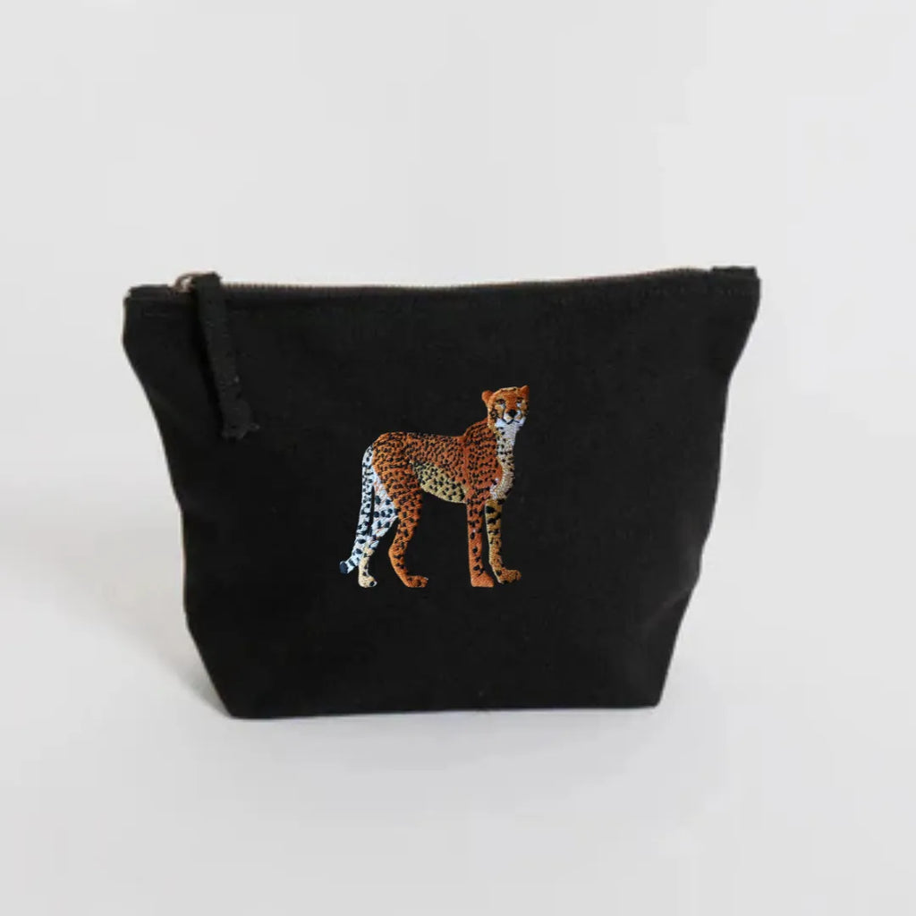 Handmade ILISAH Cheetah canvas make up pouch in black, perfect for organizing daily essentials or travel items.