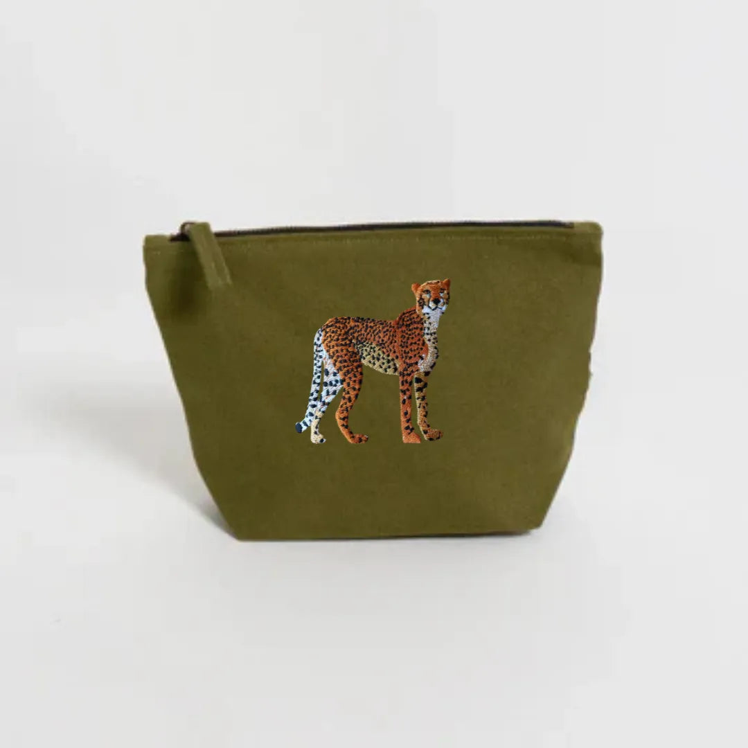 Handmade ILISAH Cheetah canvas make up pouch in black, perfect for organizing daily essentials or travel items.