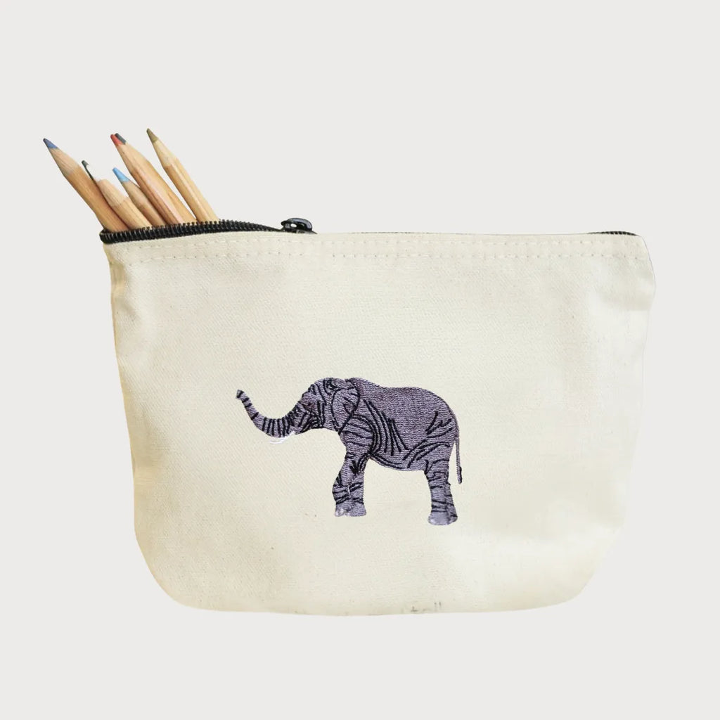 Handmade ILISAH Elephant Make Up Pouch in Burnt Orange, a compact canvas organizer for makeup and travel essentials.