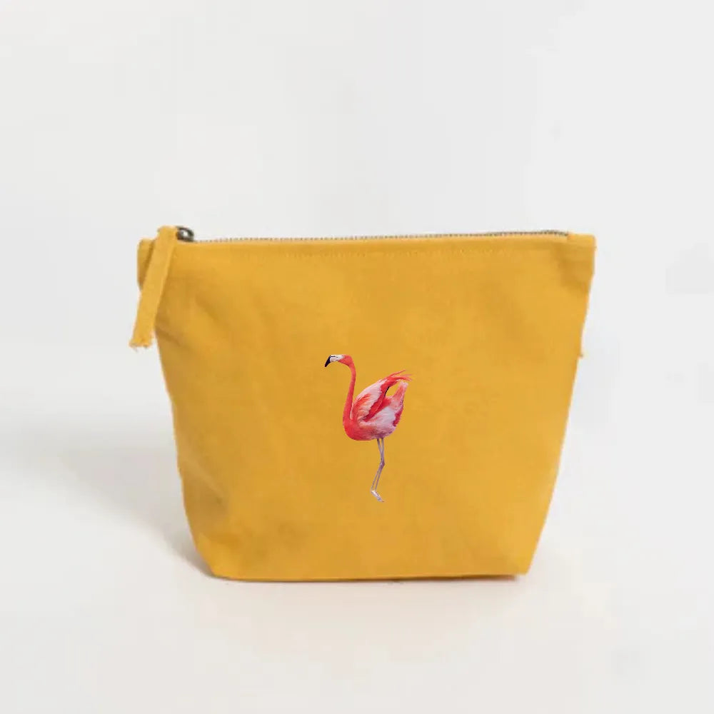 Handmade ILISAH Flamingo canvas make up pouch in white, perfect for organizing everyday essentials or travel items.