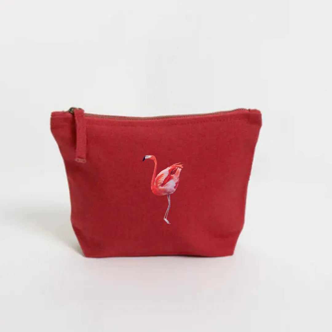 Handmade ILISAH Flamingo canvas make up pouch in white, perfect for organizing everyday essentials or travel items.