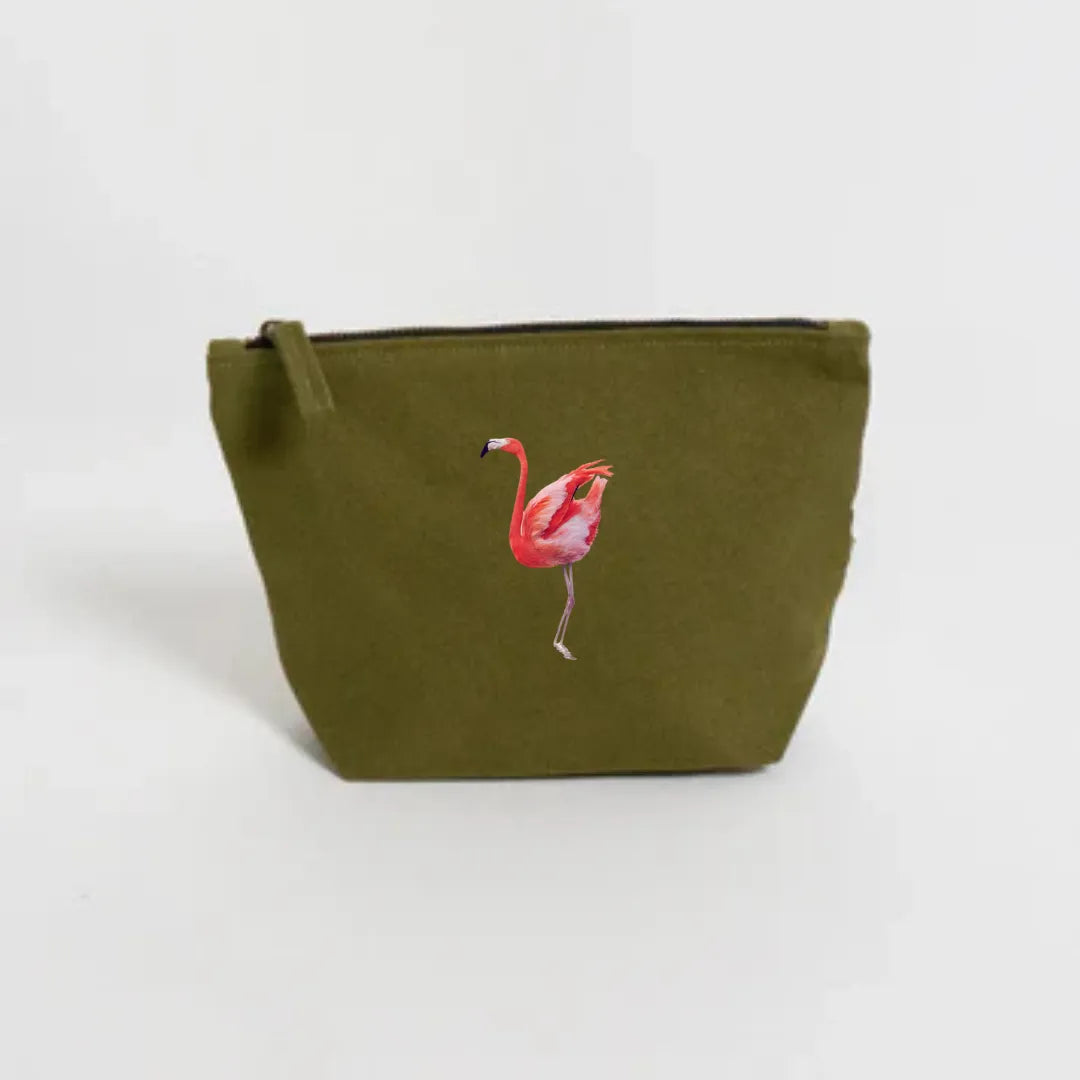 Handmade ILISAH Flamingo canvas make up pouch in white, perfect for organizing everyday essentials or travel items.