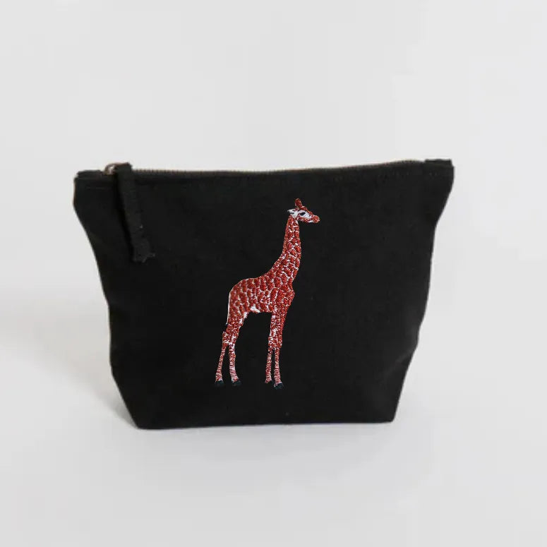 Handmade ILISAH Giraffe Make Up Pouch in white canvas, perfect for organizing makeup or travel essentials, small yet funct...
