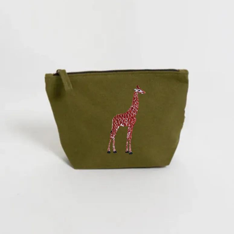 Handmade ILISAH Giraffe Make Up Pouch in white canvas, perfect for organizing makeup or travel essentials, small yet funct...