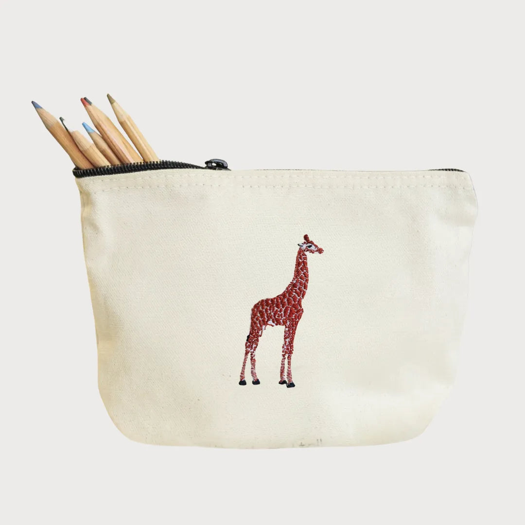 Handmade ILISAH Giraffe Make Up Pouch in white canvas, perfect for organizing makeup or travel essentials, small yet funct...