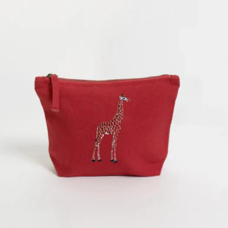 Handmade ILISAH Giraffe Make Up Pouch in white canvas, perfect for organizing makeup or travel essentials, small yet funct...