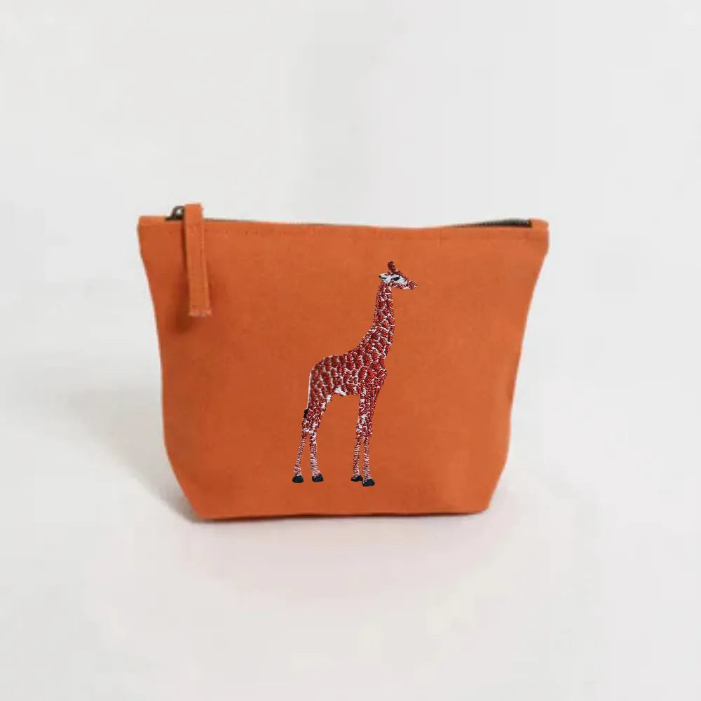 Handmade ILISAH Giraffe Make Up Pouch in white canvas, perfect for organizing makeup or travel essentials, small yet funct...