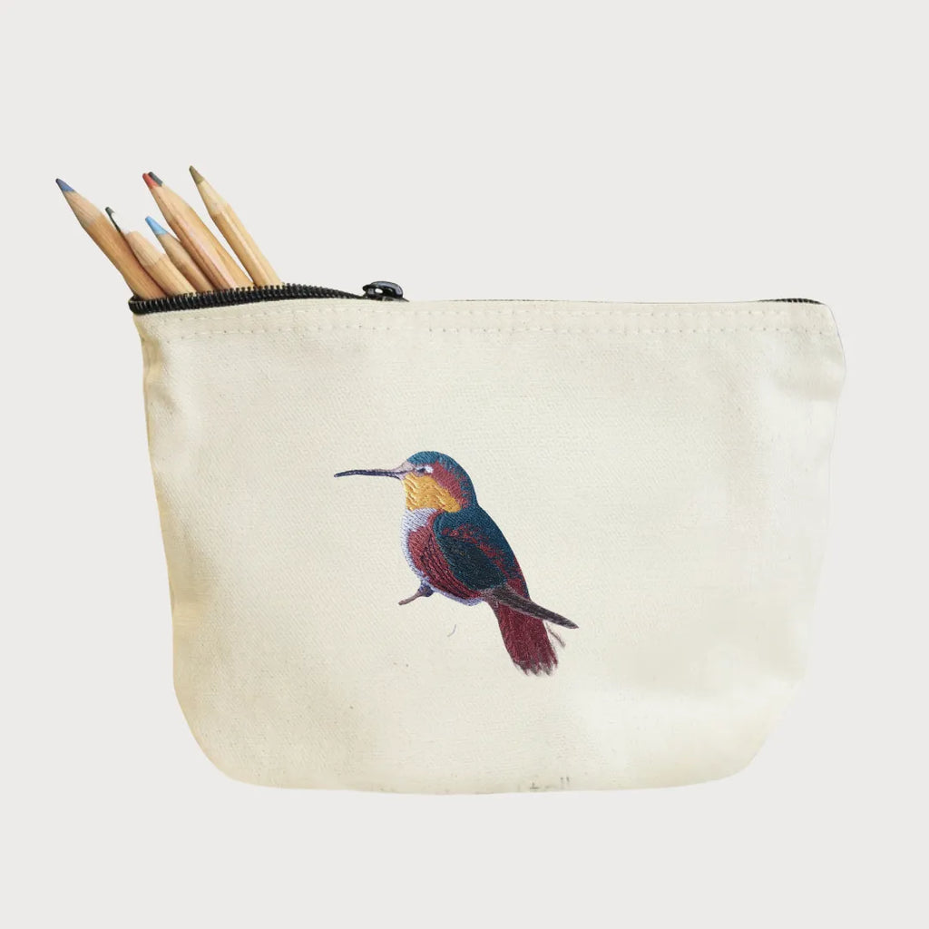 Handmade ILISAH Humming Bird canvas makeup pouch in mustard, perfect for organizing everyday essentials and travel items.
