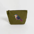 Handmade ILISAH Humming Bird canvas makeup pouch in mustard, perfect for organizing everyday essentials and travel items.
