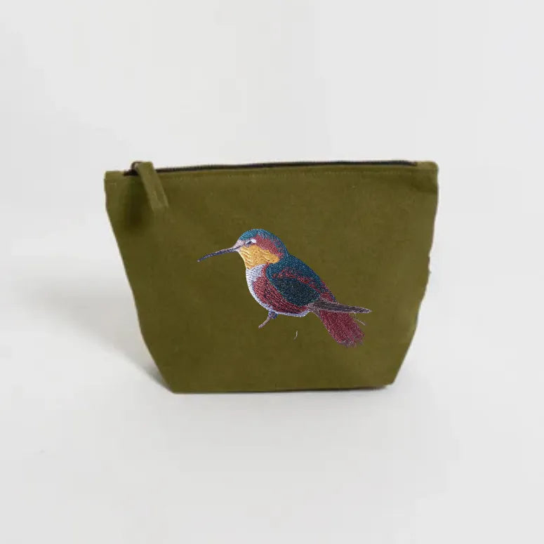 Handmade ILISAH Humming Bird canvas makeup pouch in mustard, perfect for organizing everyday essentials and travel items.