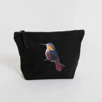 Handmade ILISAH Humming Bird canvas makeup pouch in mustard, perfect for organizing everyday essentials and travel items.