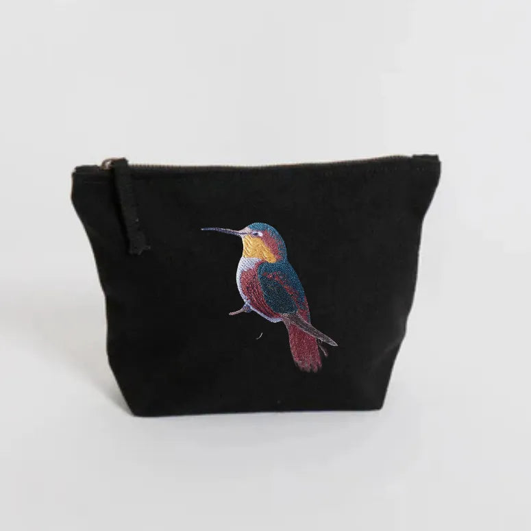 Handmade ILISAH Humming Bird canvas makeup pouch in mustard, perfect for organizing everyday essentials and travel items.