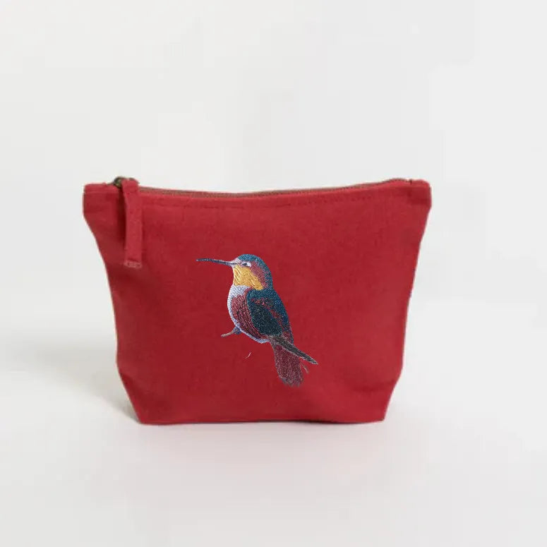 Handmade ILISAH Humming Bird canvas makeup pouch in mustard, perfect for organizing everyday essentials and travel items.
