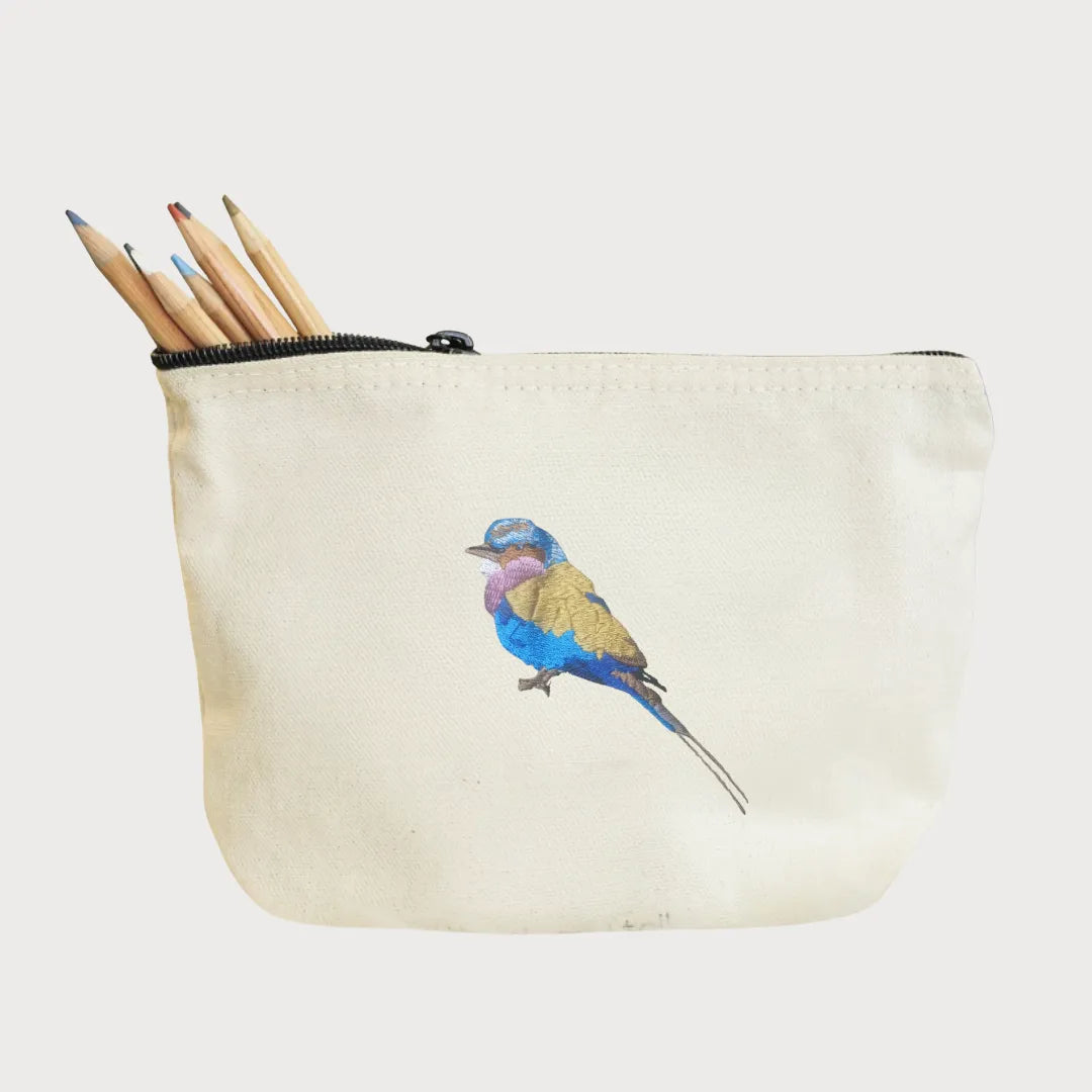 Handmade ILISAH lilac breasted roller canvas make up pouch, perfect for organizing essentials. Ideal for travel or everyda...