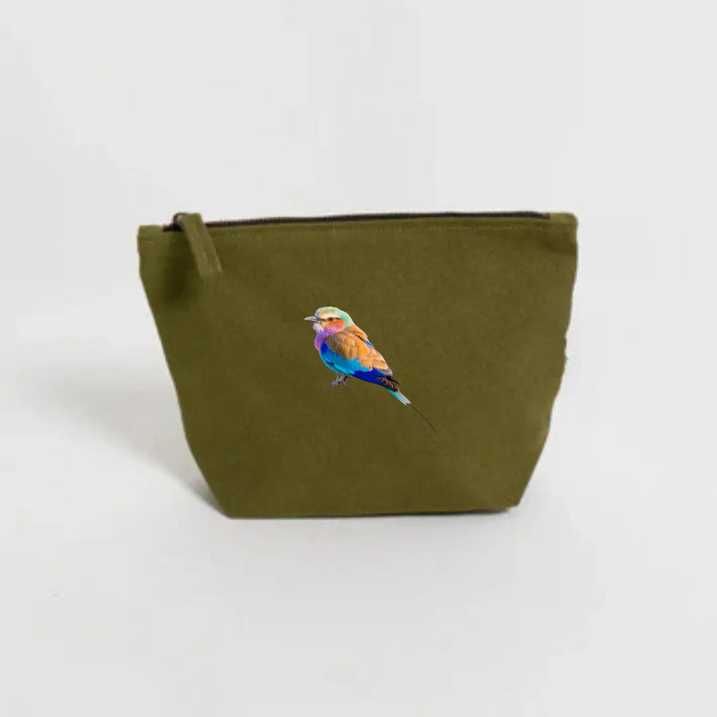 Handmade ILISAH lilac breasted roller canvas make up pouch, perfect for organizing essentials. Ideal for travel or everyda...