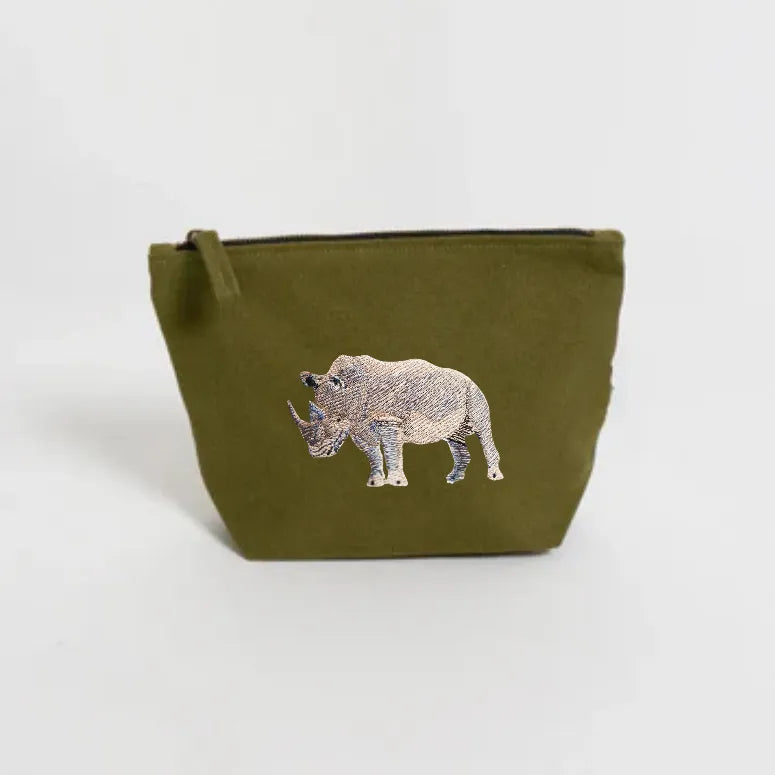 Handmade ILISAH Rhino Make Up Pouch in green canvas, perfect for organizing makeup, travel essentials, or everyday items.