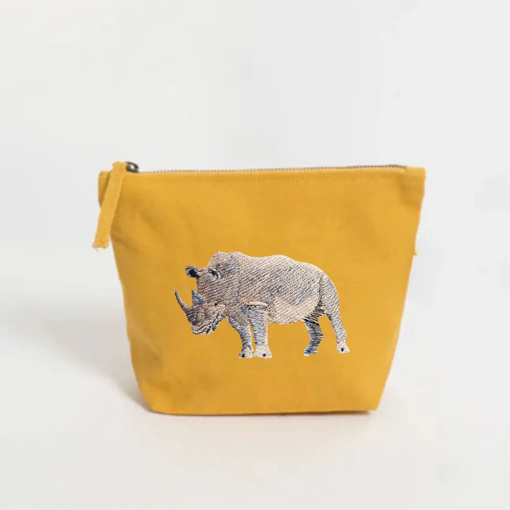 Handmade ILISAH Rhino Make Up Pouch in green canvas, perfect for organizing makeup, travel essentials, or everyday items.