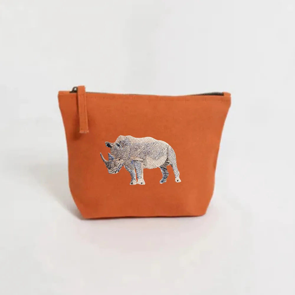 Handmade ILISAH Rhino Make Up Pouch in green canvas, perfect for organizing makeup, travel essentials, or everyday items.