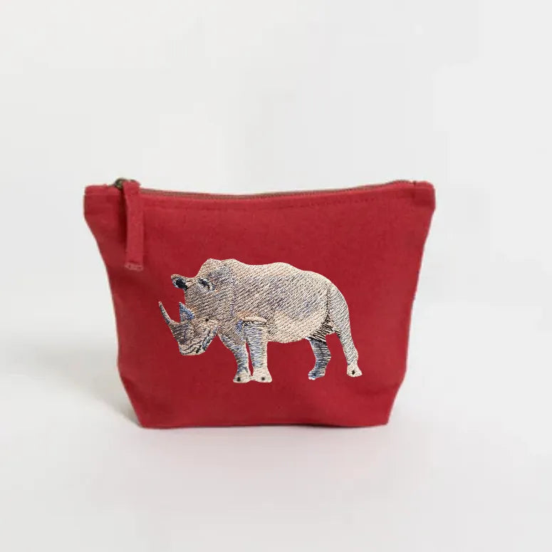 Handmade ILISAH Rhino Make Up Pouch in green canvas, perfect for organizing makeup, travel essentials, or everyday items.
