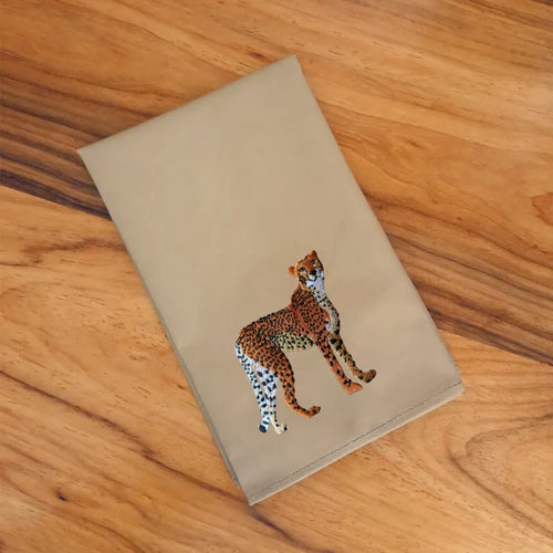 Handmade Ilisah napkins with cheetah embroidery, set of 4 in brown khaki, perfect for dining and special gatherings.