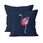 Navy blue canvas cushion cover with a pink flamingo design
