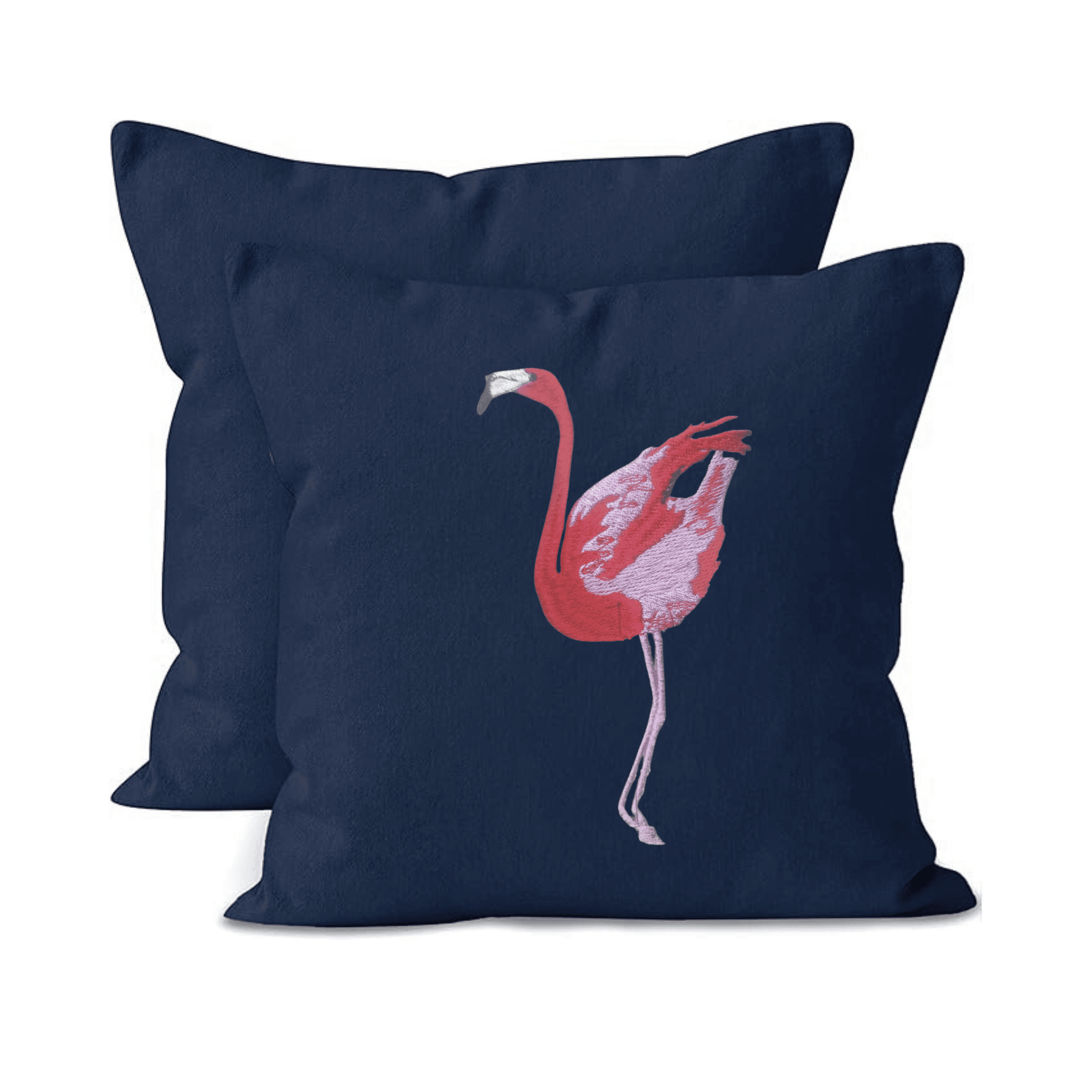Navy blue canvas cushion cover with a pink flamingo design