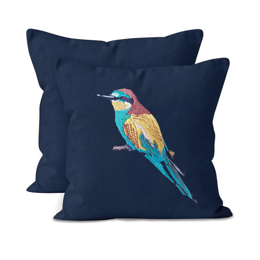 Navy blue cushion covers with embroidered bird design