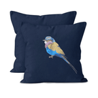 Navy blue canvas cushion cover with embroidered bird design on a white background