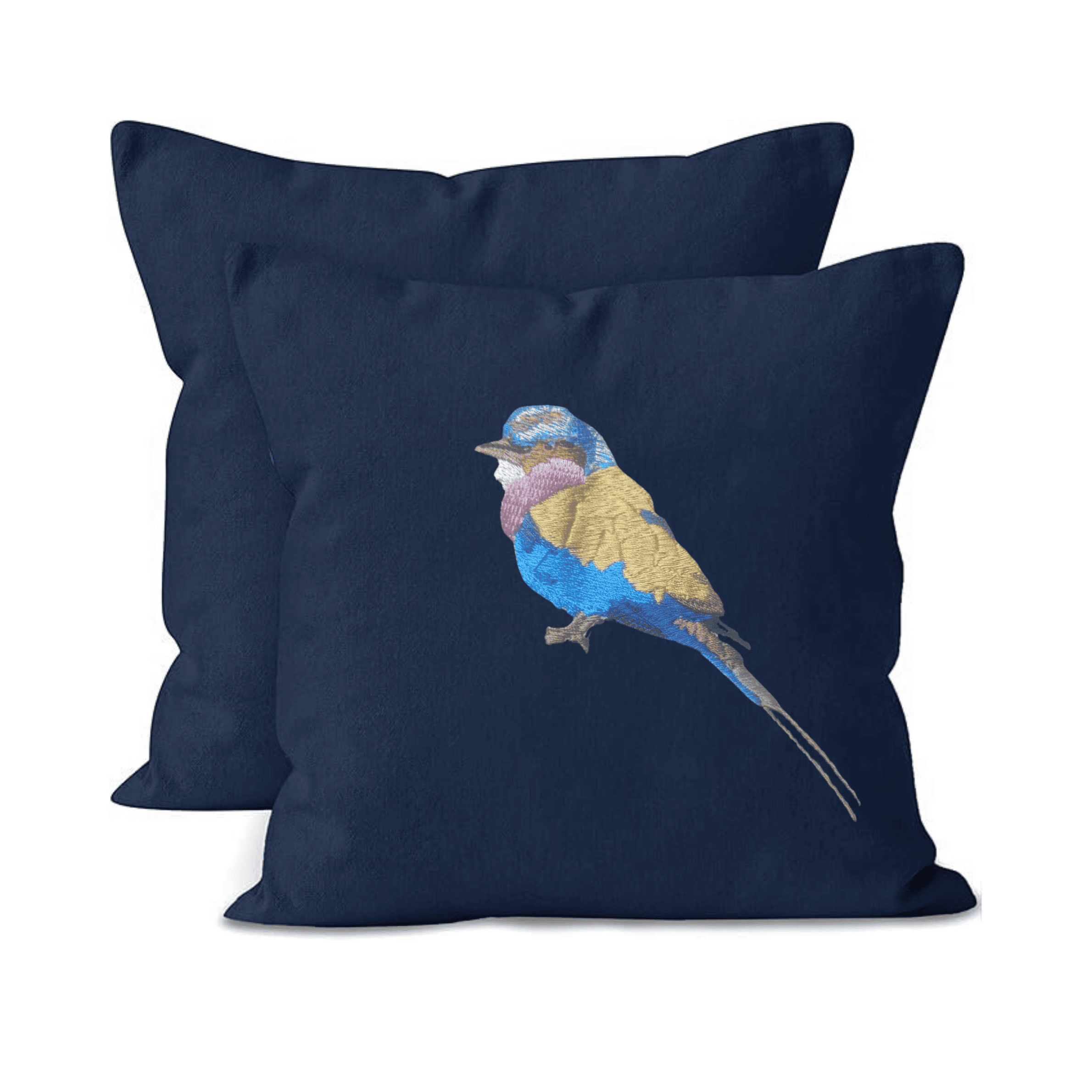 Navy blue canvas cushion cover with embroidered bird design on a white background