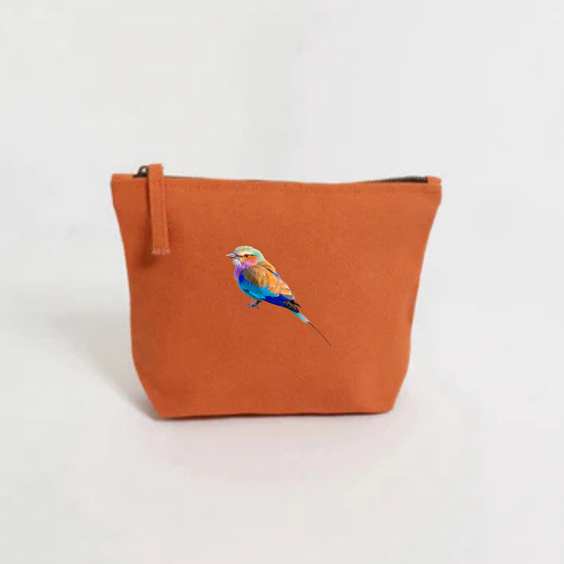 orange canvas pouch with lilac breasted roller embroidery