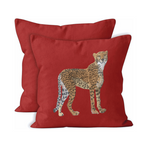 Red cushion cover with a cheetah design 
