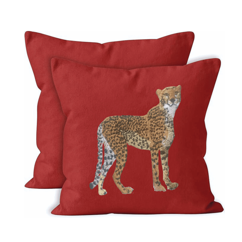 Red cushion cover with a cheetah design 