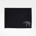 Handmade Ilisah table mats featuring elephant embroidery, available in burnt orange, beige white, or navy blue, set of 4.